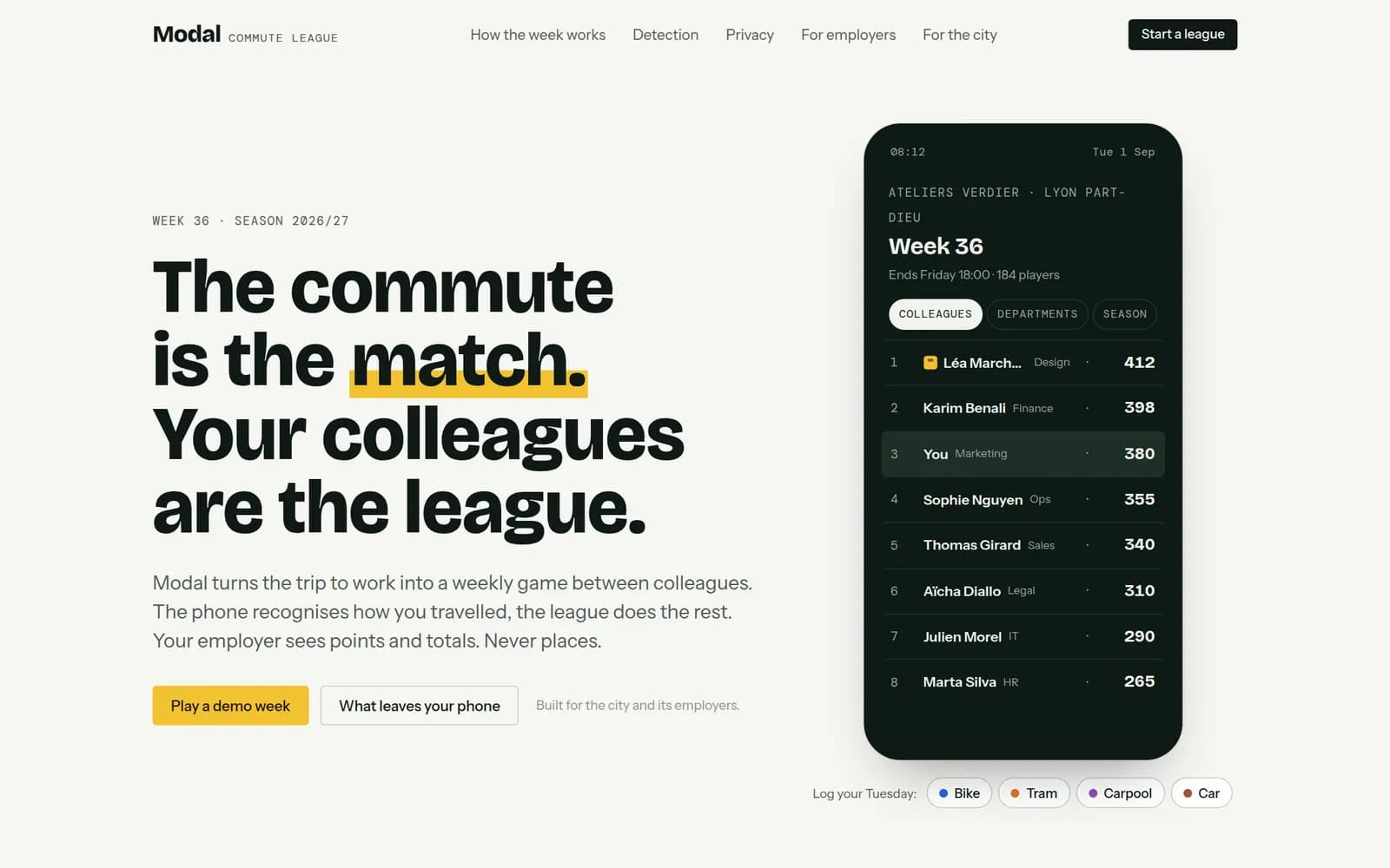 En-tête de la page Modal : « The commute is the match. Your colleagues are the league. »